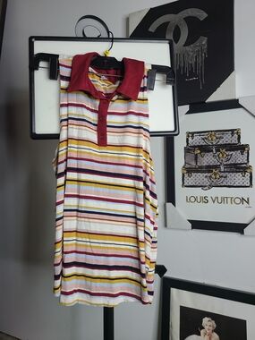 Striped Sleeveless Polo Tank with Red Collar